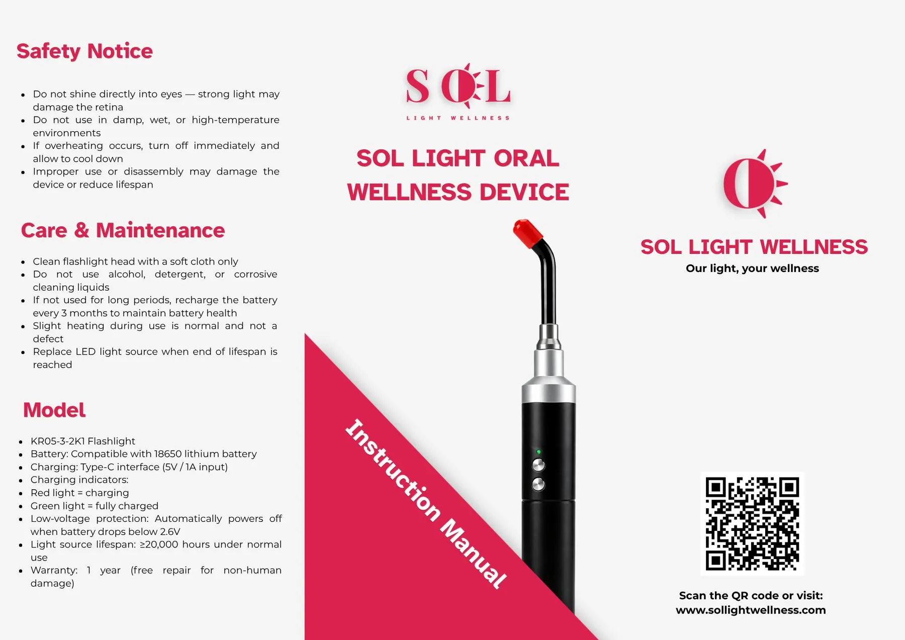 Sol Light instruction manual layout with the device